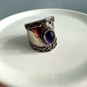 Amethyst Sterling Ring Wide Cigar Band Size 6